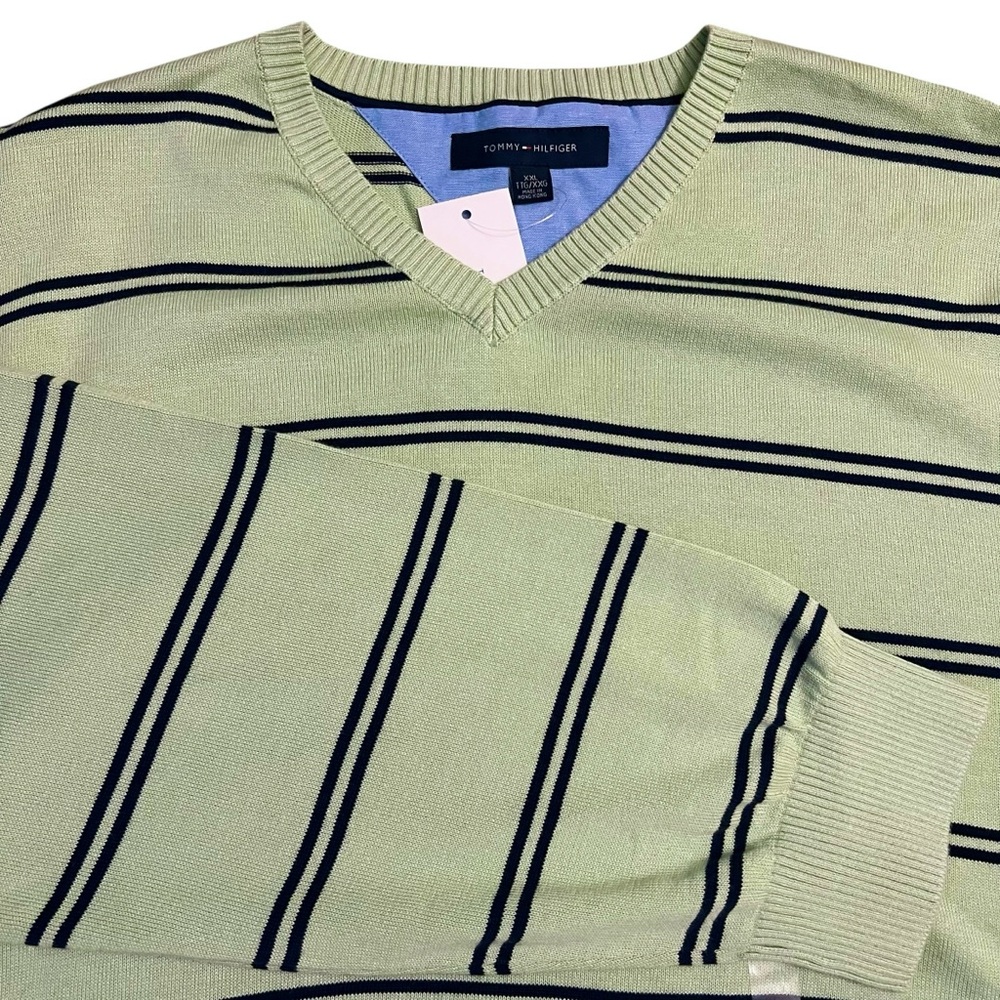 Tommy Hilfiger Men’s Cotton V-Neck Sweater Green Stripe Preppy Country Club XXL